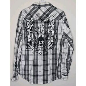 Helix Shirt Mens XL White Gray Plaid Long Sleeve Pearl Snap Chest Pockets Skull